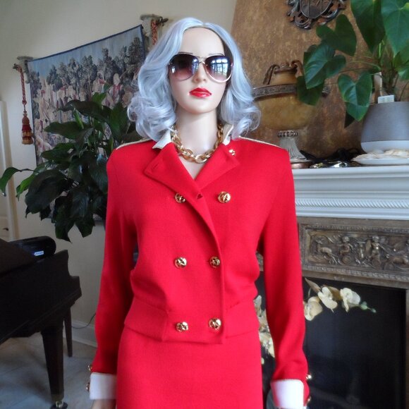 St. John Cruize Line Knit Red/Ivory Trim Skirt & Jacket Suit Size 8 - Picture 8 of 16